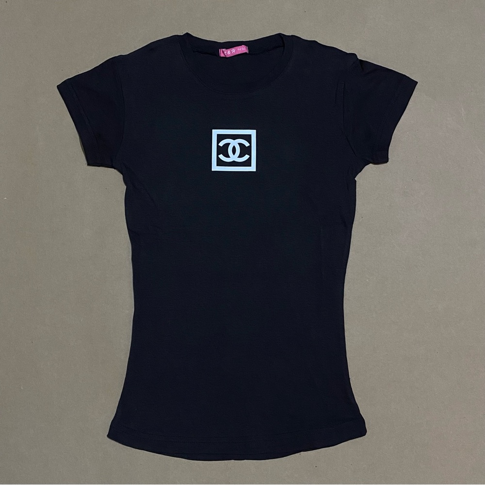 Y2K black baby tee with Chanel double B sporty logo printed on chest